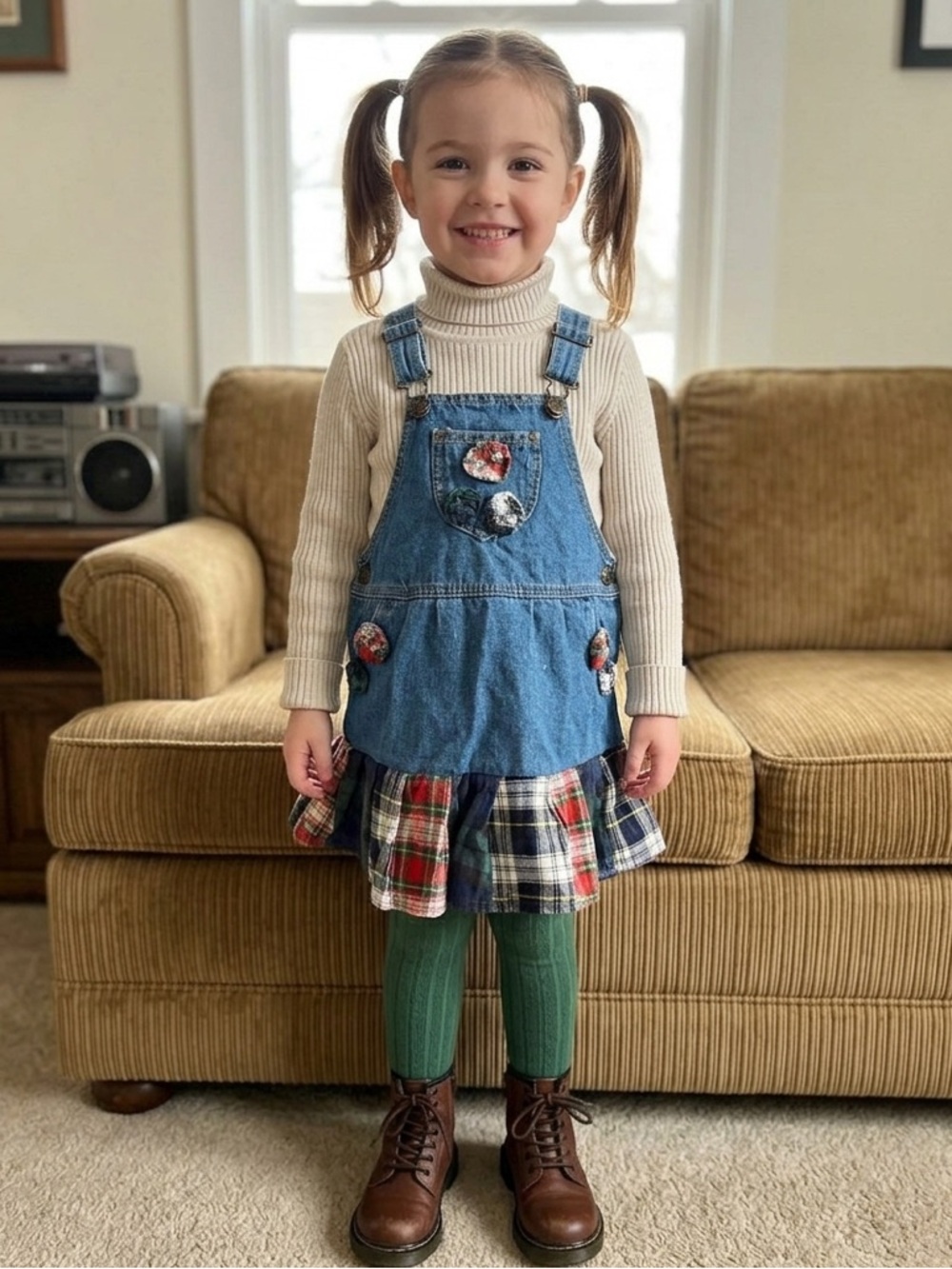 🌹Vtg 90s Young Hearts Cotton Denim Plaid Skirtall Overall Dress 4T